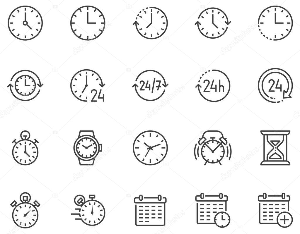 Time flat line icons set. Alarm clock, stopwatch, timer, sand glass, day and night, calendar vector illustrations. Thin signs for productivity management. Pixel perfect 64x64. Editable Strokes.