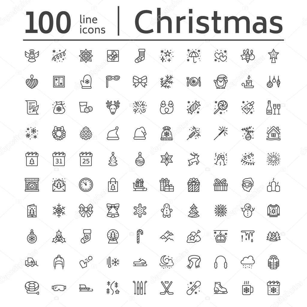 Christmas, new year flat line icons. Winter holidays - christmas tree gift, snowman, santa claus, fireworks, angel. Vector illustration, signs for celebration xmas party.