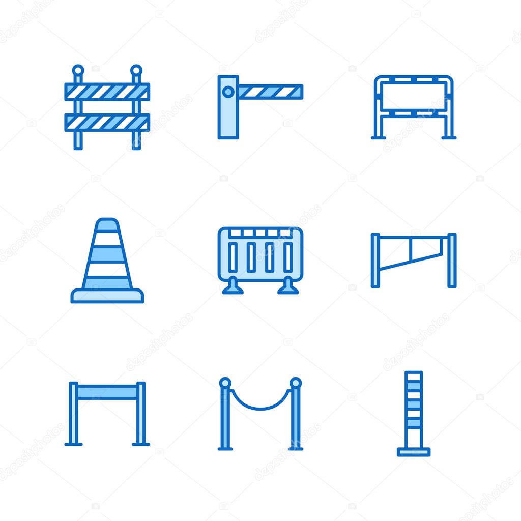 Roadblock flat line icons set. Barrier, crowd control barricades, rope stanchion vector illustrations. Outline signs for pedastrian safety, roadwork. Pixel perfect 64x64. Editable Strokes.