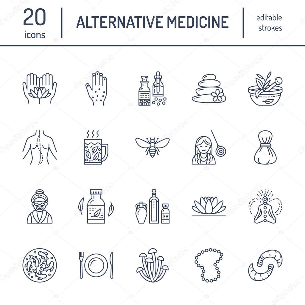 Alternative medicine line icons. Naturopathy, traditional treatment, homeopathy, osteopathy, herbal fish and leech therapy. Thin linear signs for health care center. color.