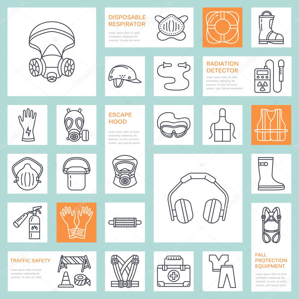 Personal protective equipment line icons. Gas mask, ring buoy, respirator, bump cap, ear plugs and safety work garment. Health protection thin linear signs.
