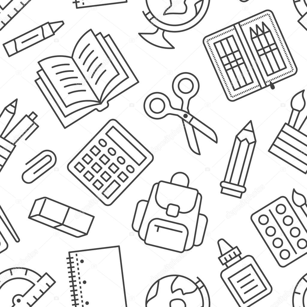 School supplies seamless pattern with line icons. Study tools background - globe, calculator, book, pencil, scissors, notebook vector illustration. Black white wallpaper for stationery sale brochure.