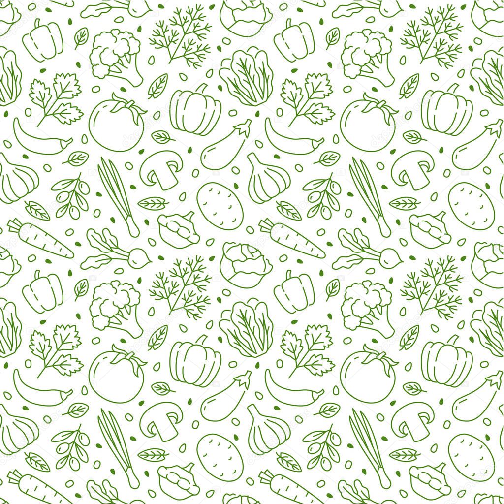Food background, vegetables seamless pattern. Healthy eating - tomato, garlic, carrot, pepper, broccoli, cucumber line icons. Vegetarian, farm grocery store vector illustration, green white color.
