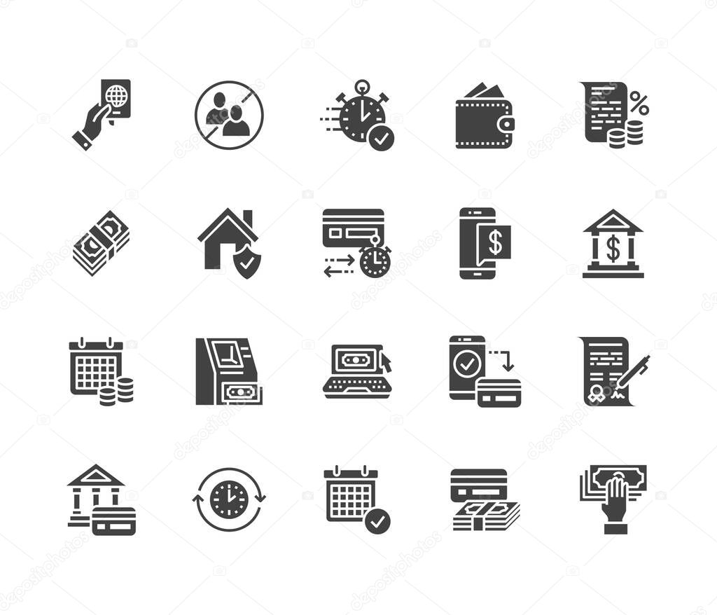 Finance, money loan flat glyph icons set. Quick credit approval, currency transaction, no commission, cash deposit atm vector illustrations. Signs for banking. Solid silhouette pixel perfect 64x64.