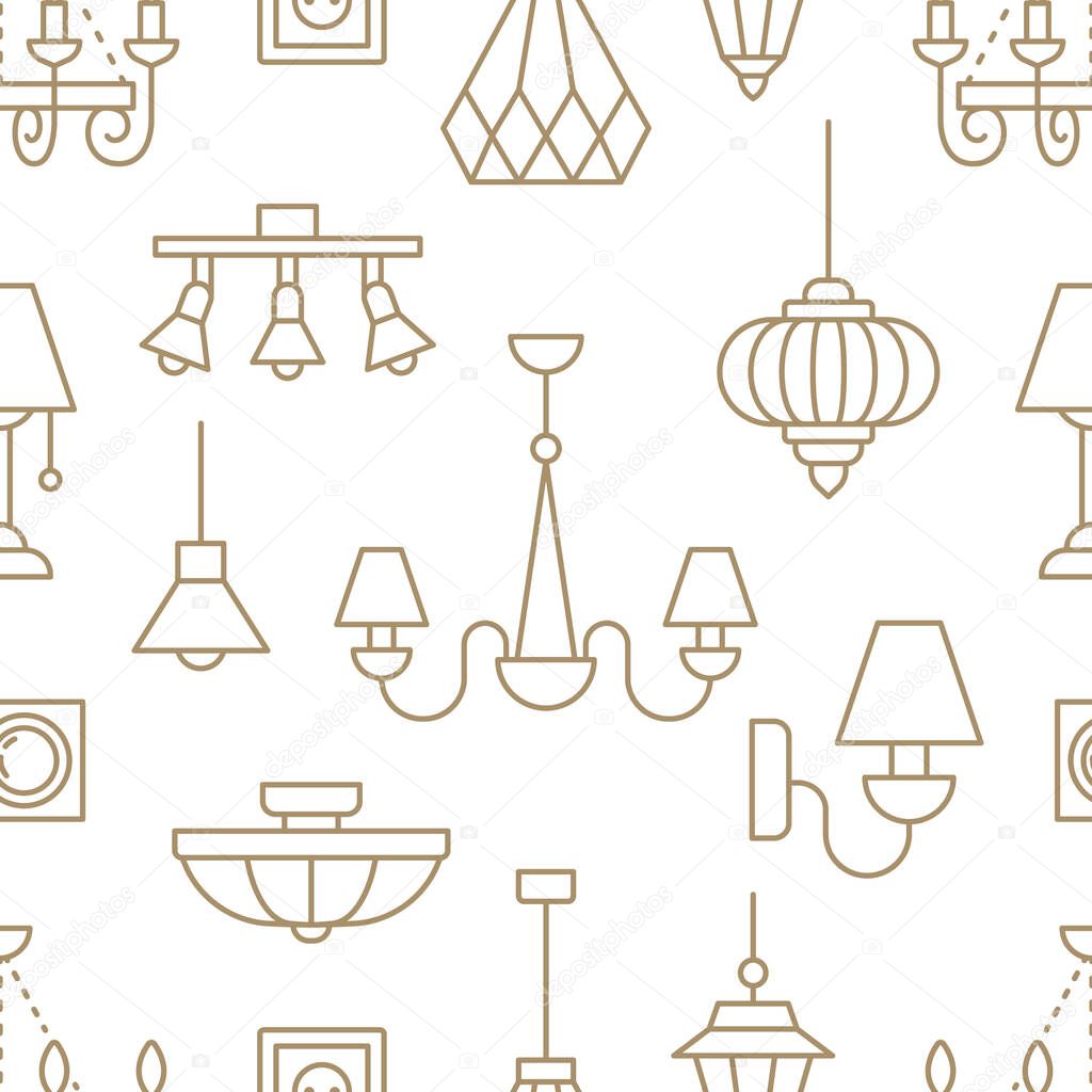 Light fixture, lamps seamless pattern, line illustration. Vector icons of home lighting equipment - chandelier, table lamp, power socket. Repeated background for interior store beige and white.
