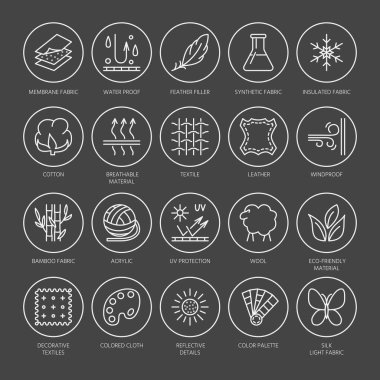 Vector line icons of fabric feature, garments property symbols. Elements - cotton, wool, waterproof, uv protection. Linear wear labels, textile industry pictograms with editable stroke for clothes. clipart