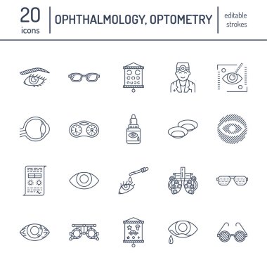 Göz ftalmolojisi, sağlık hizmetleri ikonları. Optimetri ekipmanları, kontak lensler, gözlükler, körlük. Gözcü kliniği için görme düzeltmesi ince doğrusal işaretler.