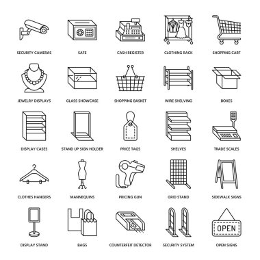 Retail store supplies flat line icons. Trade shop equipment signs. Commercial objects - cash register, basket, scales, shopping cart, shelving, display cases. Thin linear signs for warehouse store. clipart