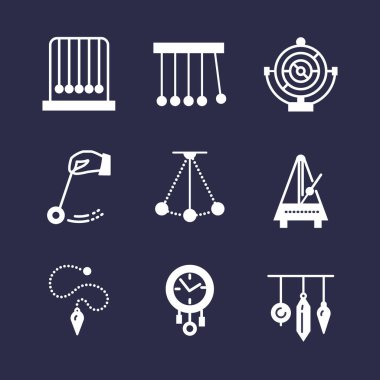 Vector flat line icon of pendulum types. Newton cradle, metronome, table pendulum, perpetuum mobile, gyroscope. Linear pictogram editable stroke for site, brochure of hypnosis, hypnotherapy. clipart