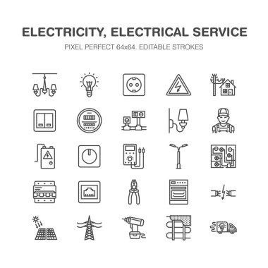 Electricity engineering vector flat line icons. Electrical equipment, power socket, torn wire, energy meter, lamp, multimeter Electrician services signs house repair illustration. Pixel perfect 64x64. clipart