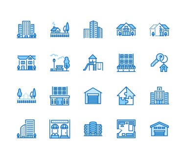 Real estate flat line icons set. House sale, commercial building, country home area, skyscraper, mall, kindergarten vector illustrations. Infrastructure signs. Pixel perfect 64x64. Editable Strokes. clipart