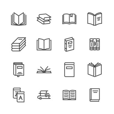 Kitaplar düz çizgi simgeleri. Okuma, kütüphane, edebiyat eğitimi çizimleri. E-kitap dükkanı, ders kitabı, ansiklopedi için ince tabelalar. Piksel mükemmel 64x64. Düzenlenebilir Vuruşlar.