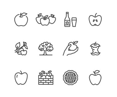 Elmalar düz çizgi simgeleri. Elma toplama, sonbahar hasat festivali, meyve şırası çizimleri. Organik gıda deposu için ince tabelalar. Piksel mükemmel 48x48. Düzenlenebilir Vuruşlar.