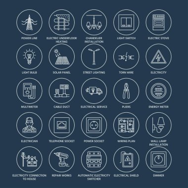 Electricity engineering vector flat line icons. Electrical equipment, power socket, torn wire, energy meter, lamp, wiring design, multimeter. Electrician services signs, house repair illustration. clipart