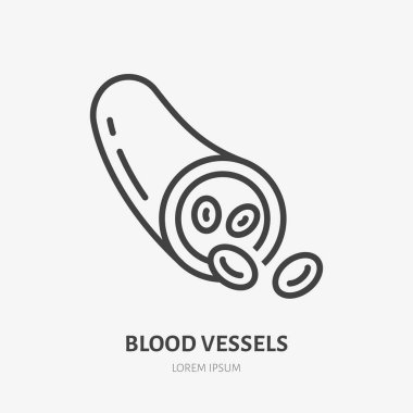 Blood vessel flat line icon. Vector thin pictogram of vein with molecules, outline illustration for hematology clinic. clipart