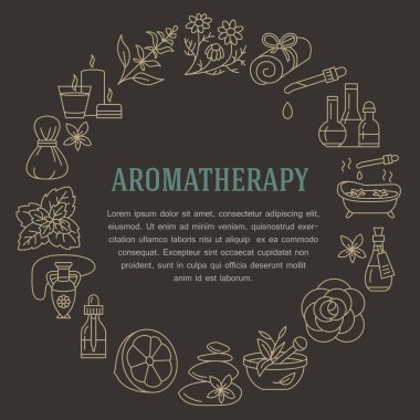 Aromatherapy and essential oils brochure template. Vector line illustration of aromatherapy diffuser, oil burner, spa candles, incense sticks, herbal bag massage. Aromatherapy poster, spa salon clipart