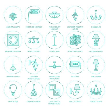 Light fixture, lamps flat line icons. Home and outdoor lighting equipment - chandelier, wall sconce, desk lamp, light bulb, power socket. Vector illustration, signs for electric, interior store. clipart