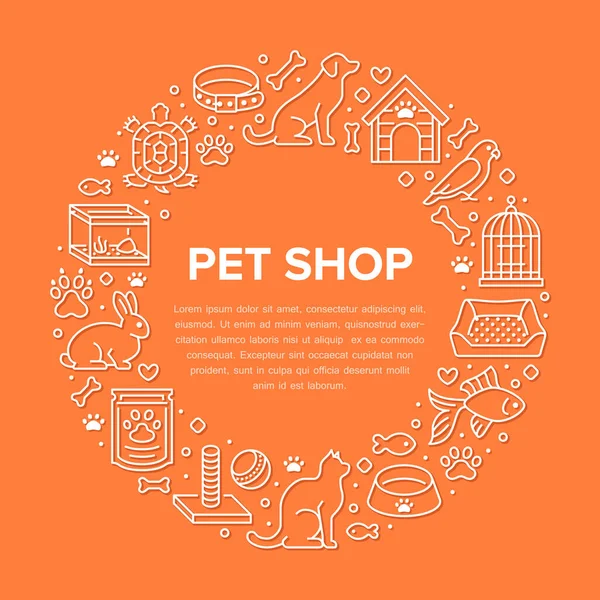 Dierenwinkel Vector Cirkel Banner Met Platte Lijn Pictogrammen Hondenhok Kattenvoer — Stockvector