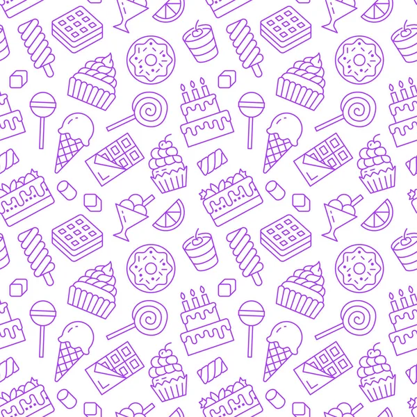 フラットラインアイコンと甘い食べ物のシームレスなパターン ペストリーベクトルイラスト ロリポップ チョコレートバー ミルクシェイク クッキー 誕生日ケーキ キャンディーショップ お菓子のためのかわいい紫色の白い背景 — ストックベクタ