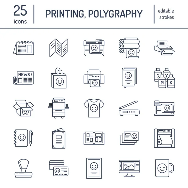 Iconos Línea Plana Imprenta Equipo Impresión Impresora Escáner Máquina Offset — Archivo Imágenes Vectoriales