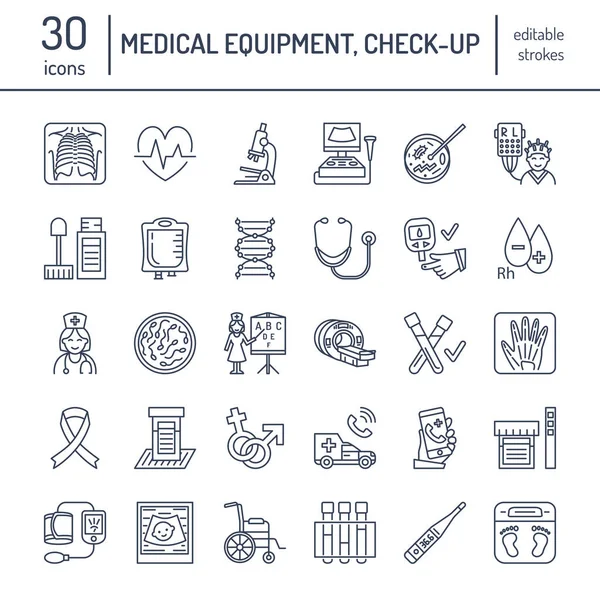 Icono Línea Delgada Vectorial Equipos Médicos Investigación Control Médico Elementos — Vector de stock