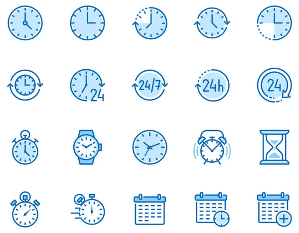 Conjunto Iconos Línea Plana Tiempo Reloj Despertador Cronómetro Temporizador Vidrio — Archivo Imágenes Vectoriales