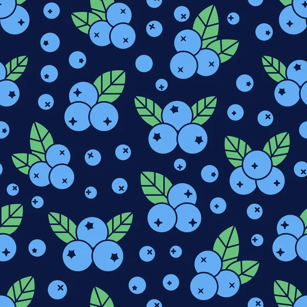 ベクトルアイコンとブルーベリーシームレスパターン 暗い背景に青い森の果実 デトックス食品壁紙 — ストックベクタ