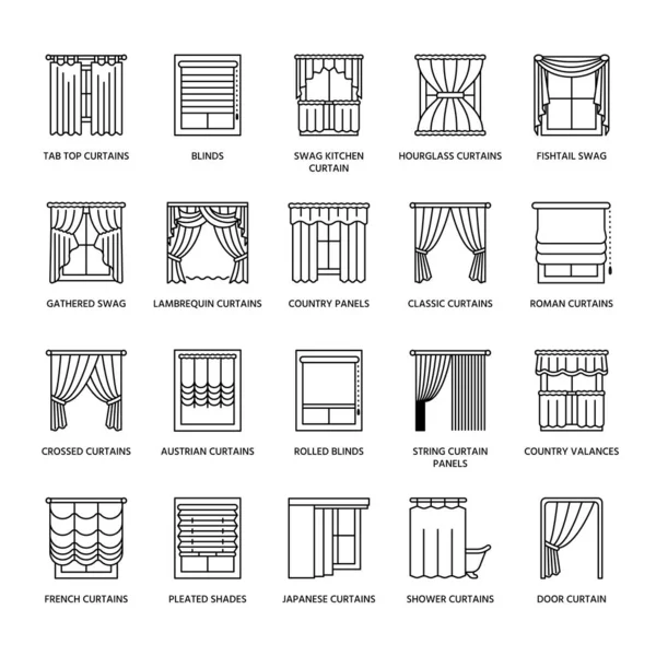 Cortinas Ventana Tonos Iconos Línea Decoración Oscurecimiento Varias Habitaciones Lambrequín — Archivo Imágenes Vectoriales