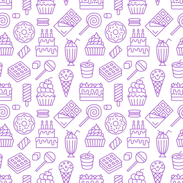 Patrón Sin Costuras Comida Dulce Con Iconos Línea Plana Ilustraciones — Vector de stock