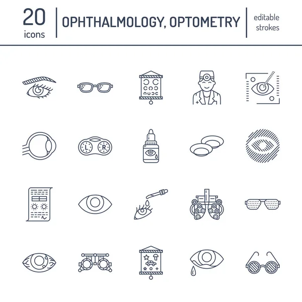 Ophthalmology Eyes Health Care Line Icons Optometry Equipment Contact Lenses — Stock Vector