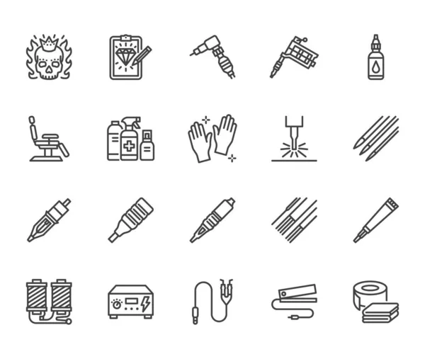 Tattoo Piercing Equipment Flat Line Icons Set Tattoo Machine Needle — Stock Vector