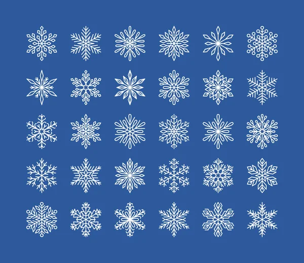 白い背景に隔離されたかわいい雪の結晶コレクション フラットライン雪のアイコン 雪のフレークシルエット クリスマスのバナー カードのための素敵な要素 新年の飾り 有機的で幾何学的な雪の結晶 — ストックベクタ