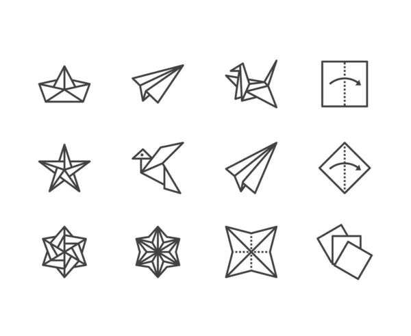 Origami Ploché Čáry Ikony Set Papírové Jeřáby Pták Loď Rovinné — Stockový vektor