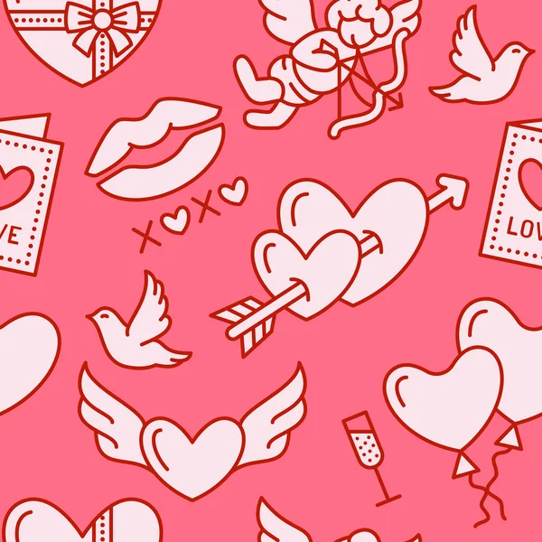 День Святого Валентина Безшовний Візерунок Любов Романтичні Ікони Плоскої Лінії — стоковий вектор