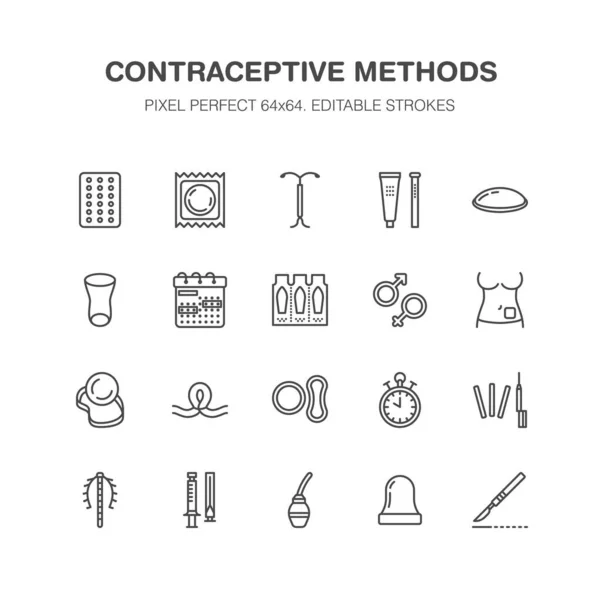 Métodos Anticonceptivos Iconos Línea Equipo Anticonceptivo Preservativos Anticonceptivos Orales Anticonceptivos — Vector de stock