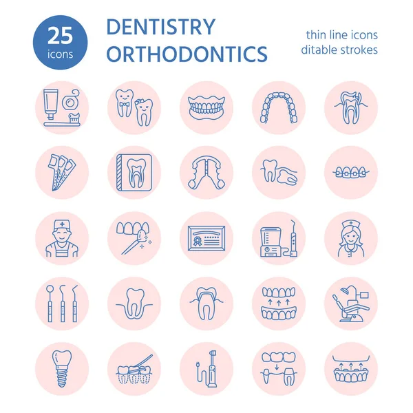Dentista Los Iconos Línea Ortodoncia Equipos Cuidado Dental Aparatos Ortopédicos — Archivo Imágenes Vectoriales