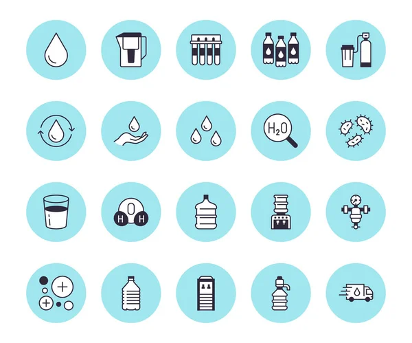 Water Drop Flat Line Icons Set Aqua Filter Softener Ionization — Stock Vector