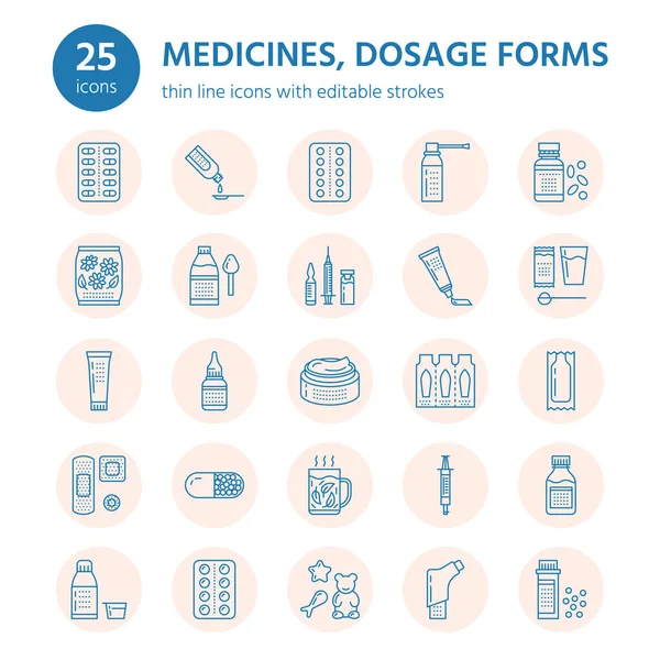 Medicamentos Formas Dosificación Iconos Línea Medicamentos Farmacéuticos Tabletas Cápsulas Píldoras — Vector de stock
