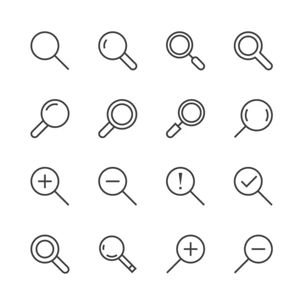 Iconos Línea Plana Lupa Buscar Acercar Alejar Icono Signos Delgados — Archivo Imágenes Vectoriales
