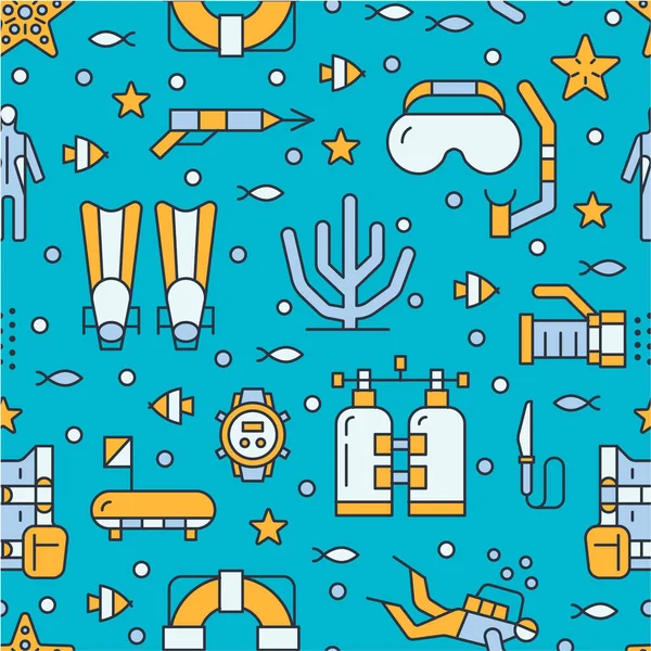 Scuba Diving Snorkeling Seamless Pattern Water Sport Vector Blue Background — Stock Vector