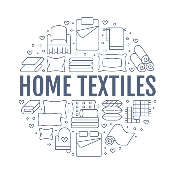 Otthoni Textíliák Kör Sablon Lapos Vonalú Ikonok Ágynemű Hálószoba Ágynemű — Stock Vector