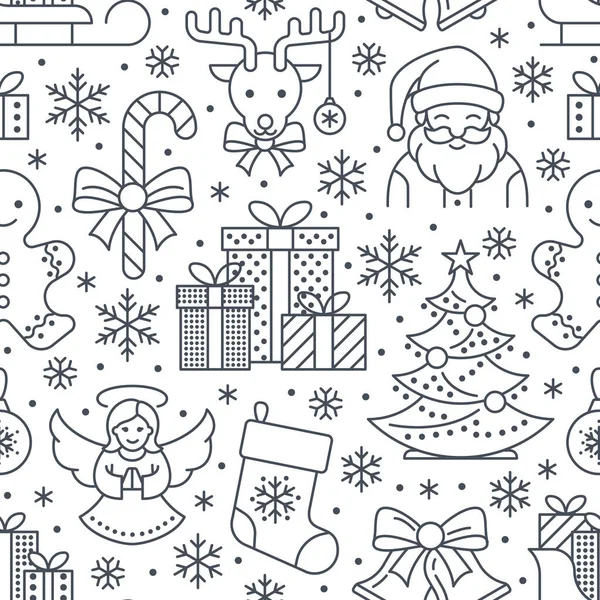 Kerstmis Nieuwjaar Naadloos Patroon Lijnillustratie Vector Pictogrammen Wintervakantie Kerstboom Geschenken — Stockvector