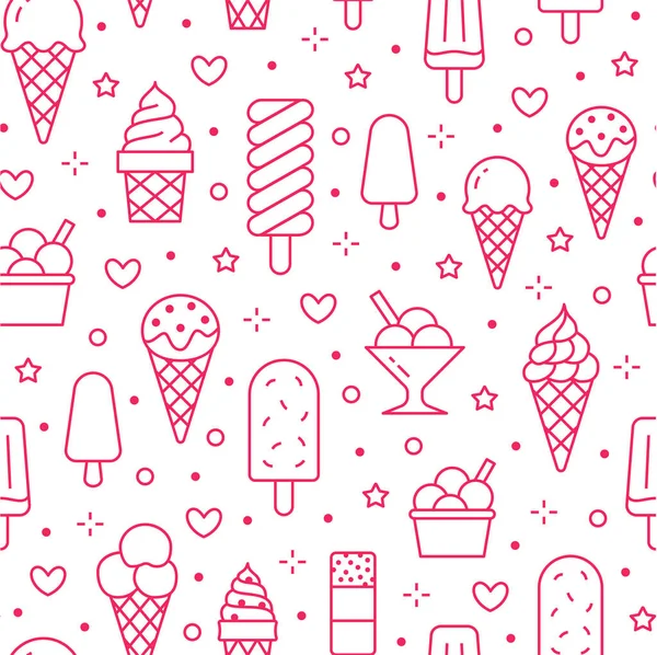 アイスクリームの背景 甘い食べ物のシームレスなパターン バニラアイス フローズンヨーグルト 人気のあるローリーラインのアイコン 夏のデザートカラフルなベクトルイラストピンクホワイトカラー — ストックベクタ