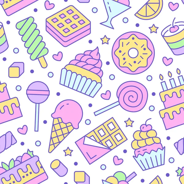 Süßes Essen Nahtloses Muster Mit Flachen Linien Symbolen Gebäckvektorillustrationen Lutscher — Stockvektor