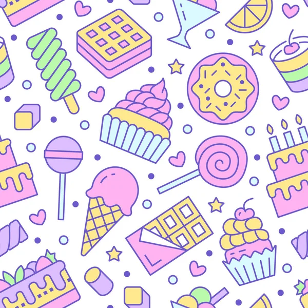 Patrón Sin Costuras Comida Dulce Con Iconos Línea Plana Ilustraciones — Vector de stock