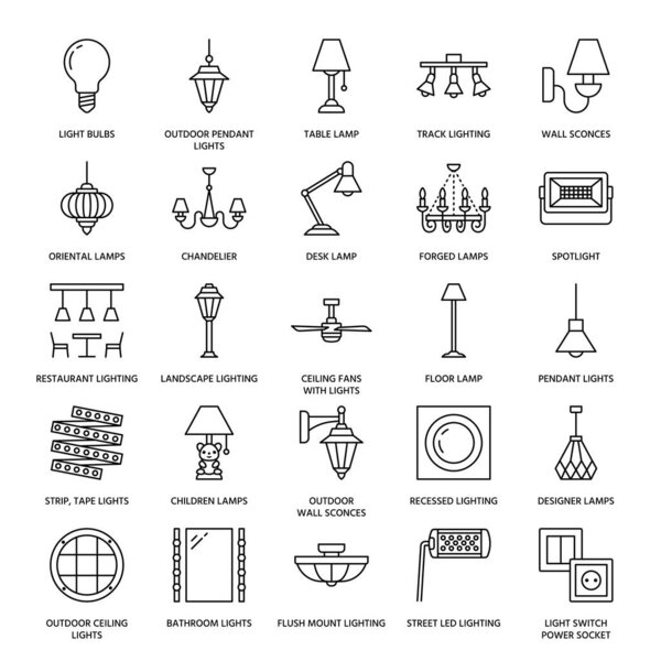 Light fixture, lamps flat line icons. Home and outdoor lighting equipment - chandelier, wall sconce, desk lamp, light bulb, power socket. Vector illustration, signs for electric, interior store.