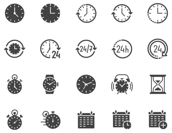 Icônes Glyphe Plat Temps Réglés Réveil Chronomètre Minuterie Verre Sable — Image vectorielle