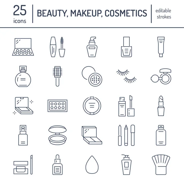 Makeup Beauty Care Flat Line Icons Cosmetics Illustrations Lipstick Mascara — Stock Vector