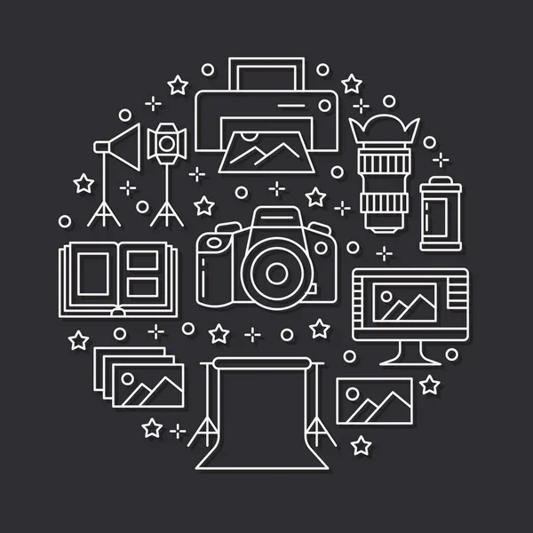 Плакат Фотоаппаратуры Иконками Плоской Линии Цифровая Камера Фотографии Освещение Видеокамеры — стоковый вектор