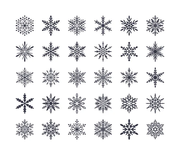 Roztomilé Sněhové Vločky Kolekce Izolované Bílém Pozadí Ploché Sněhové Ikony — Stockový vektor